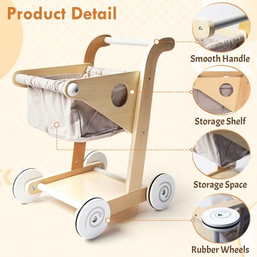 Carrito de Compras de Madera Pequeno Comprador de Juego de Roles para Ninos Regalos, 30x34x45cm - Imagen 4
