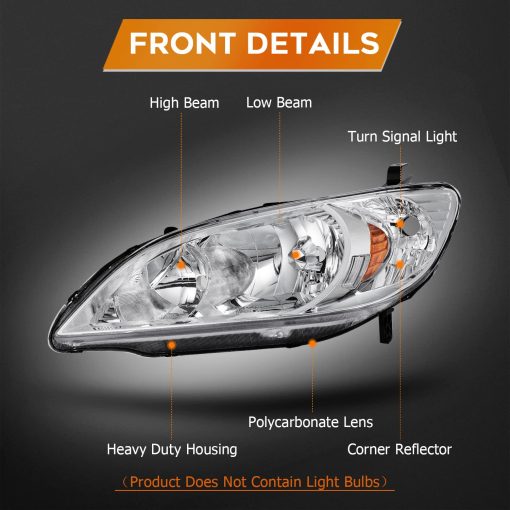 Conjunto de faros LBRST para Honda Civic 2004-2005 Vivienda Cromada Reflector ambar Lente Clara Lado del Conductor y Lado del Pasajero Faro - Imagen 3