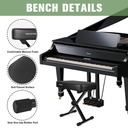 Banco de Piano TENTOTEN Banco Plegable de Piano, Taburete de Piano de Espuma de Memoria Comodo Asiento de Piano Ajustable con Parte Superior de Terciopelo Acolchado Banqueta de Teclado Diseño Antideslizante - Imagen 3