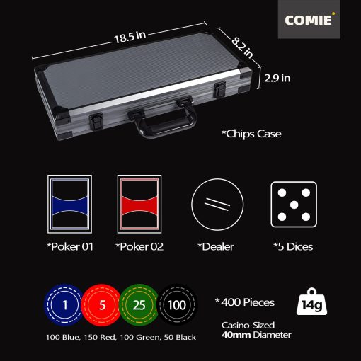 Fichas de Poker de Arcilla Comie, Set de 400PCS con Maletin de Viaje de Lujo, Fichas Numeradas, Poker para Texas Holdem Blackjack Juegos de Azar - Imagen 2