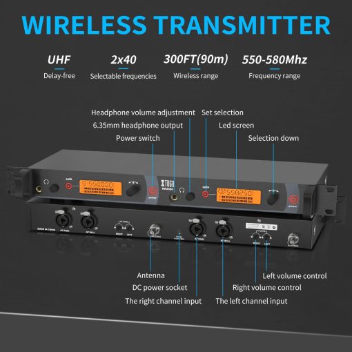 XTUGA RW2080 Sistema de Monitor Inalambrico de Oido Completo de Metal 2 Canales 4 Bodypack con en el Auricular Inalambrico Tipo Utilizado para Escenario o Estudio - Imagen 3