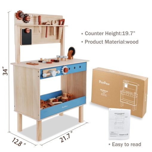 Banco de herramientas para niños PairPear, Juguetes de madera Banco de trabajo infantil con martillo de juguete y herramientas de construccion, Set de juguete para niños con accesorios de herramientas, regalo para niños - Imagen 6