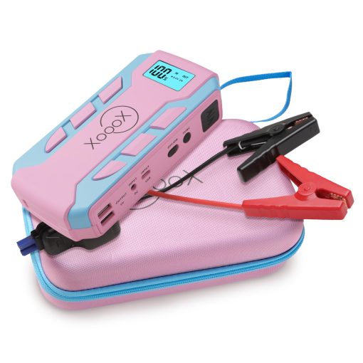 Kit de arranque de bateria portatil XoooX rosa con cables de arranque, luz LED y estuche; Paquete de bateria de arranque de 12V; Cargador de bateria portatil para dispositivos USB/USB-C