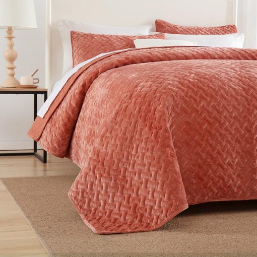 Juego de Colchas de Terciopelo Liians, Juegos de Ropa de Cama de Lujo con Terciopelo Ultra Suave y Elegante, Colchas Acolchadas de Algodon con Patron de Tejido para Todas las Estaciones, Naranja, Tamaño Queen - Imagen 3
