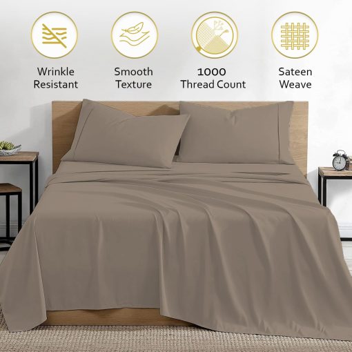 Conjunto de Sabanas Marina Shades Twin Taupe 4 Piezas Juego de Cama Tamano Twin 1000 Hilos 100% Algodon Egipcio Sabana Plana, Ajustable y 2 Fundas de Almohada Set de Cama de Hotel que Refresca Ajuste para Colchon de Bolsillo de 17 Pulgadas - Imagen 3
