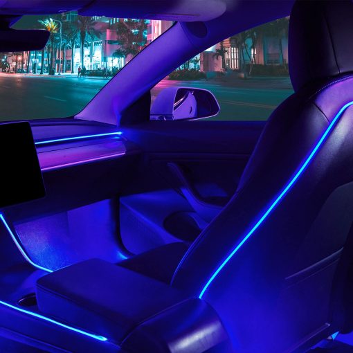 Luces de Neon para Interior de Automovil Nestour 2016-2020 Tesla Model 3 Y (Consola Central + Tablero + Respaldo del Asiento + 4 Luces de 4 Pies) con Organizador de Reposabrazos a Juego, Iluminacion Ambiental Tesla, Luces de Tira LED Controladas por APP