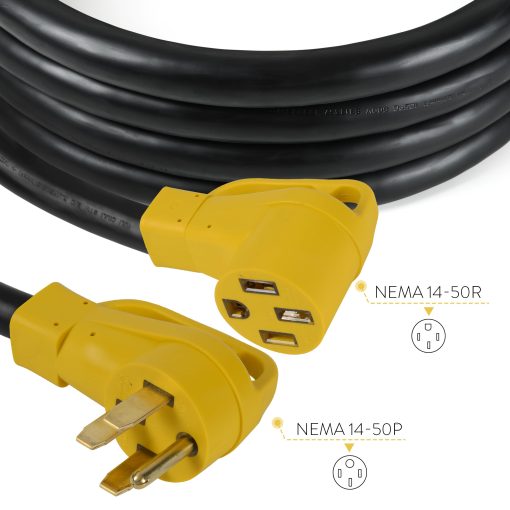 Cable de extension para RV/EV de 30 pies y 50 amperios para exteriores con mango de agarre, cable de alimentacion RV flexible de 4 clavijas de alta resistencia calibre 6/3+8/1 STW resistente al agua, NEMA 14-50P a 14-50R, UL Listed - Cabeza Amarilla - Imagen 5