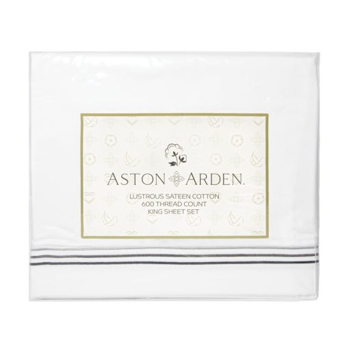 Juego de sabanas de saten Aston & Arden - 100% algodon 600 hilos de cuenta lujosas sabanas de hotel sedosas, blanco pristino con fino dobladillo bordado de 3 rayas, resistente a las arrugas, tamano individual, Negro onix - Imagen 7