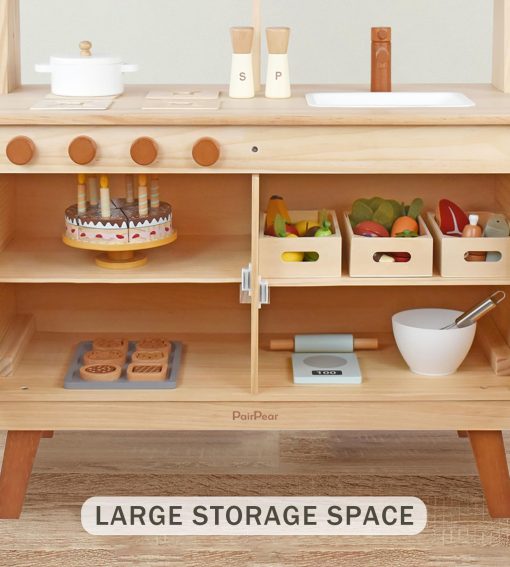 Set de Juego de Cocina de Madera PairPear para Niños, Cocinita de Juguete con Platos de Comida de Juego y Fregadero, Accesorios de Cocina de Juego para Niñas y Niños de 3+ Años - Imagen 2