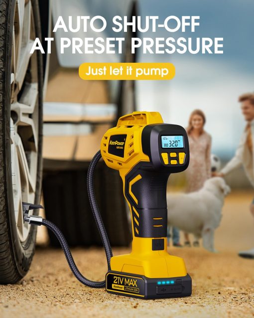 Inflador de Neumaticos Portatil KeenPower - 2X Mas Rapido - Bateria Recargable de 21V - Inflador de Neumaticos de Mano 160PSI, Modos de Suministro de Energia Dual, Bomba de Aire para Coche Motocicleta E-Bike - Imagen 5