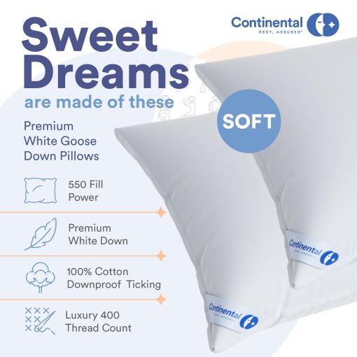 Almohada de cama de plumas de ganso Continental Bedding 550, tamano estandar (Paquete de 2), Blanco 2 unidades - Imagen 2