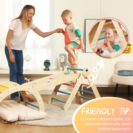 Set de Triangulo Pikler con Cojin, 7 en 1 Juguetes de Escalada para Ninos Pequenos en Interiores, Set de Escalada Montessori Plegable, Juguetes de Escalada de Madera para Ninos Pequenos de 1-3 Anos con Rampa, Arco y Escalera (Arcoiris) - Imagen 6