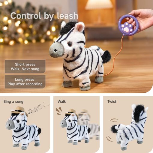 TUMAMA Juguete de Zebra Caminante y Hablador con Correa de Control Remoto, Peluche Electronico Interactivo para Ninos, Camina, Ladra, Canta, Juguete de Zebra Electronico con Control Remoto para Ninos de 3 a 6 anos - Imagen 6