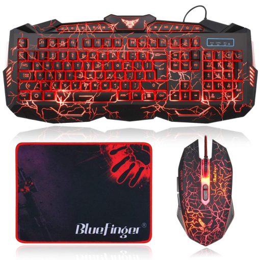Combo de Teclado y Mouse para Juegos con Retroiluminacion BlueFinger, Teclado y Mouse Retroiluminados con Cable USB, Teclado Multimedia con 3 Colores de LED, Mouse para Juegos y Trabajo