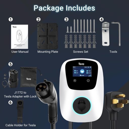 Cargador de Vehiculo Electrico Tera para Tesla: J1772 Nivel 2 EVs ETL Certificado 48 40 Amperios 240 Voltios Estacion de Carga Domestica con Ajuste Manual de Amperios Programacion en la Unidad NEMA 14-50 Cable de 25 FT Blanco W01 - Imagen 7