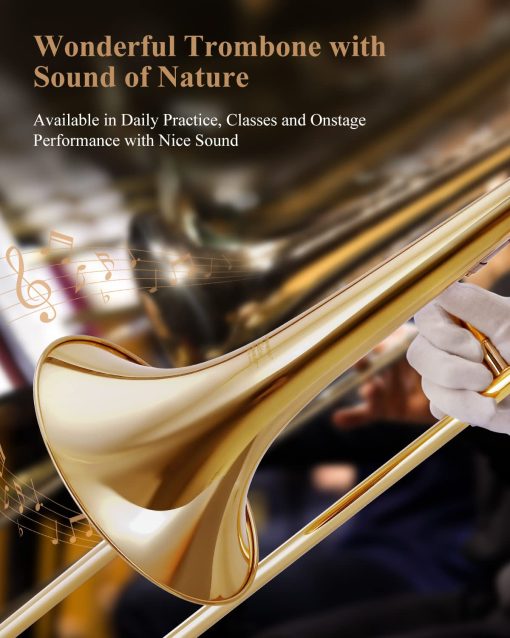 Trombon de vara para principiantes Eastar Bb Tenor, instrumento de trombon de laton B plano plateado con boquilla, guantes blancos, kit de limpieza, ETB-330, Dorado - Imagen 4