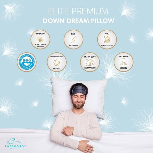 Almohada de plumas de primera calidad Elite Premium de East Coast Bedding - Tamano estandar Firme - Paquete individual - 600 Fill Power Plumas Blancas, Funda de algodon de 400 Hilos - Soporte mejorado para todos los durmientes - Hecho en EE. UU. - Imagen 6