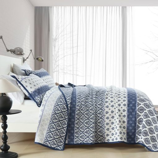 Juego de edredon Toldlove tamaño King, conjunto de cama acolchado de algodon floral azul y blanco tamaño King, 3 piezas colcha reversible ligera de estilo granja para todas las estaciones - Imagen 3