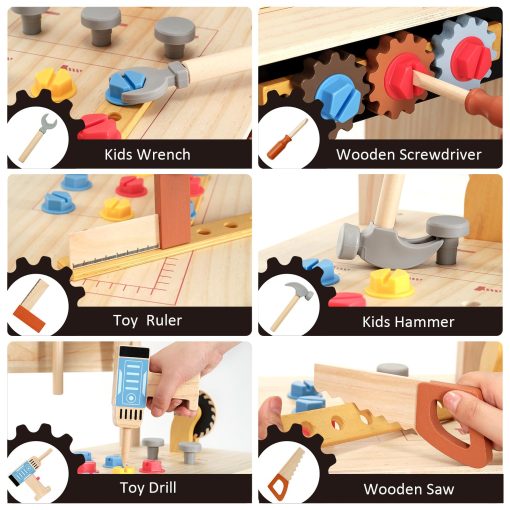 Banco de trabajo de madera para ninos PairPear, Banco de herramientas para ninos pequenos, Banco de trabajo de juguete de madera con caja de herramientas, taladros de juguete y martillo para jugar a la construccion, Regalo para ninos y ninas de 3 anos en adelante - Imagen 4