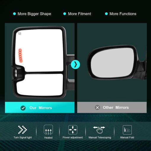 Espejos de remolque SCITOO para 2014 2500 HD 3500 HD 2007 Pickup Tahoe Suburban Avalanche Yukon XL 2008-2013 Denali con luces de reversa, senal de giro con flecha, control de potencia y calefaccion - Imagen 2