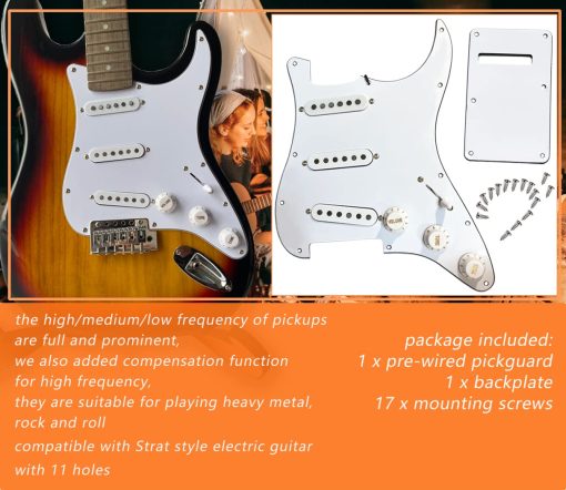 Pickguard precableado LAMSAM compatible con guitarras estilo Stratocaster de 11 hoyos, cargado con pastillas de bobina simple Alnico V, interruptor de 5 posiciones CTS Pots potenciometro de push pull, blanco - Imagen 8
