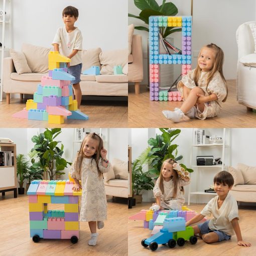 Bloques de Construccion de Plastico Masivo MassBricks - Bloques Gigantes para Ninos, Ninas Edad 1-8 Juega con Piezas Grandes Educativas, de Construccion, y de Apilamiento sin BPA (48 pzs Pastel + Ruedas) - Imagen 6