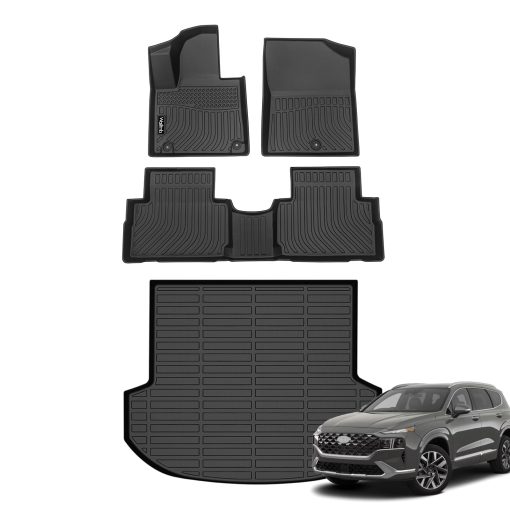 Tapetes de suelo para automovil y forros para maletero de carga compatibles con Hyundai Santa Fe 2021 2022 2023 Tapete de goma TPE para todo clima en negro Accesorios