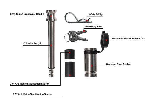 Pasador de bloqueo de enganche de remolque de acero inoxidable a prueba de balas con tapa de goma resistente a la intemperie, diametro de 5/8" - Ajuste universal - Paquete de 2 - Imagen 3
