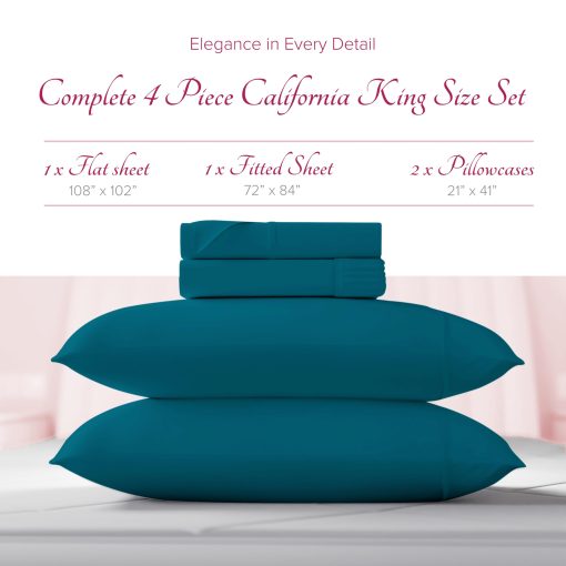 Juego de sabanas de 100% algodon egipcio Carressa Linen California King Size - 1200 hilos 4 PC Juego de sabanas Cal King algodon egipcio, suave, sabanas satinadas refrescantes, sabanas de alto conteo de hilos California King - Teal - Imagen 3