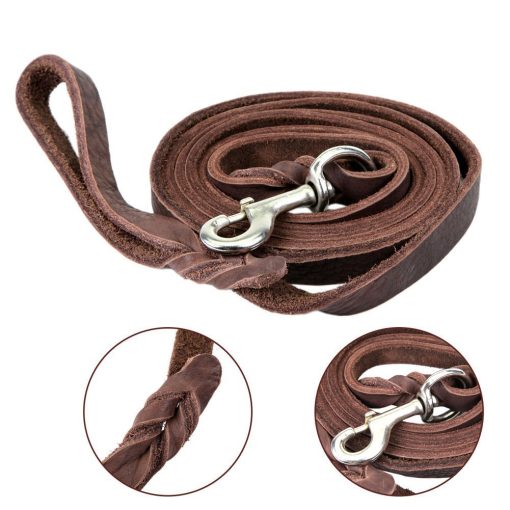 Correa de perro de cuero autentico trenzado marron Dogs Kingdom 4 pies / 5 pies / 7 pies / 8.5 pies El mejor plomo para entrenar y pasear perros grandes y medianos Marron/Gancho plateado 5/7"*5ft - Imagen 3