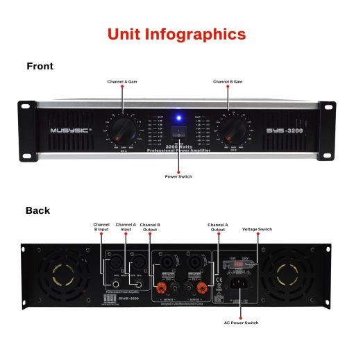 Amplificador de Potencia de 2 Canales MUSYSIC - Sonido Libre de Distorsiones y Claro - Amplificadores Profesionales de Montaje en Rack de 2U para DJs/Expertos/Eventos con Tecnologia ATR/Entradas XLR y 1/4 de Pulgada - 3200 Watts - Imagen 3