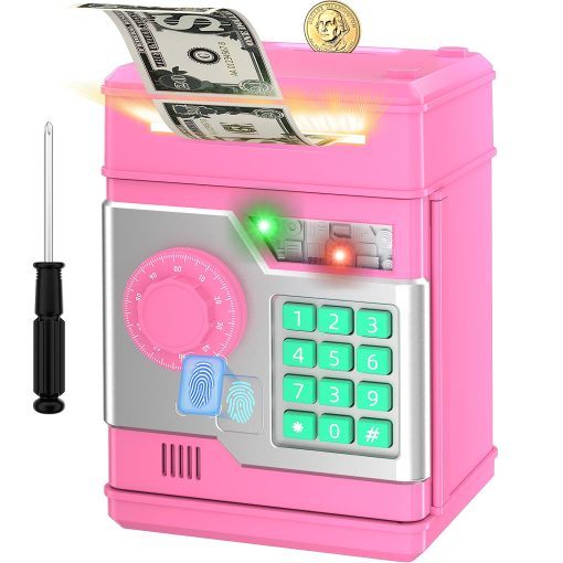 Hucha Automatica Electronica NAFEIV para Ninos y Ninas con Contrasena y Desbloqueo de Huella Dactilar Simulacion, Caja de Dinero Segura para Ninos Juguetes para Ninos de 3 4 5 6 7 8 9 10 Anos (Rosa)