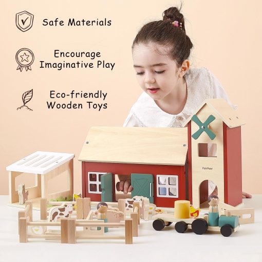 Juego de Juguetes de Granja de Madera PairPear, Granja de Juguete Roja para Niños con Figuras de Animales de Granja y Tractor, Juguetes de Aprendizaje Educativos para Niñas y Niños de 3+ - Imagen 2