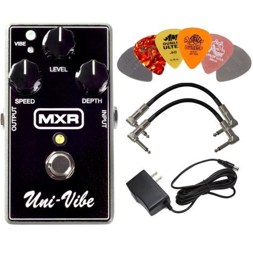 Pedal de Efectos MXR M68 Uni-Vibe Chorus Vibrato BUNDLE con Fuente de Alimentacion AC/DC para 9 Voltios DC 1000mA, 2 Cables de Parche de Guitarra con Extremos Metalicos y 6 Puas de Guitarra Dunlop