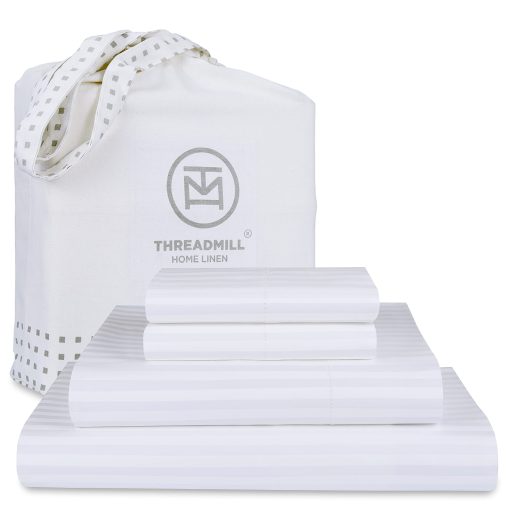 Juego de sabanas de algodon Threadmill 100% para cama Cal King - Juego de sabanas de cama Cal King de 600 hilos con bolsillo profundo de 16? - Juego de ropa de cama de 4 piezas con efecto de enfriamiento, rayas damasco tejido de saten, blanco