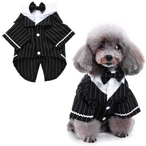 Traje de Esmoquin para Perro HACRAHO, 1 paquete de Esmoquin para Perro Negro con Corbata de Mono a Rayas para Perros Pequenos Gatos Cachorros, Circunferencia del Pecho 18.90"