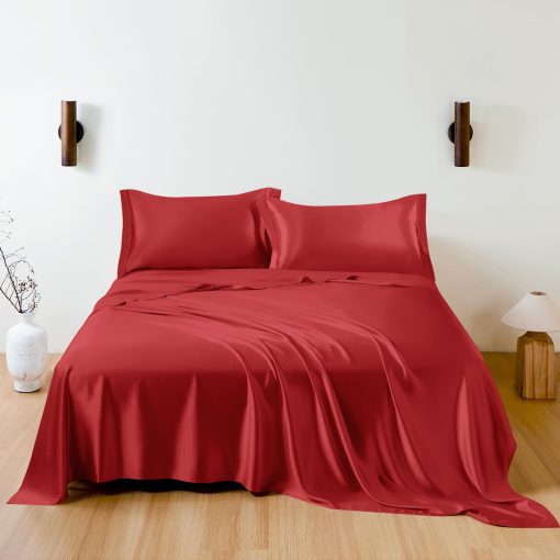 Juego de sabanas de seda 100% de mora THXSILK, juego de sabanas de seda 7A+ suave y transpirable, ropa de cama de lujo (1 sabana plana, 1 sabana ajustable, 2 fundas de almohada) Queen, Rojo