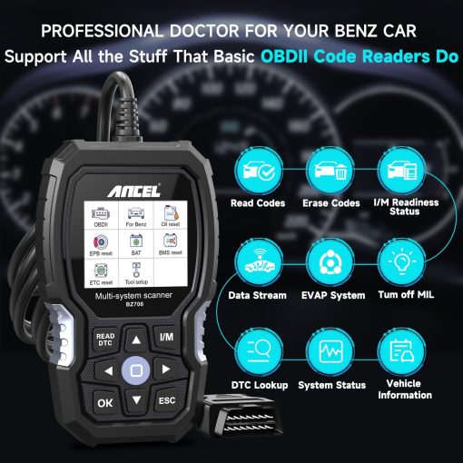 ANCEL BZ700 Escaner OBD2 para Mercedes Benz Sprinter Smart, Herramienta de diagnostico de codigos de coche de sistema completo con todos los servicios de reinicio, registro de bateria, ABS Bleed Airbag EPB Oil SAS TPS CKP Active Test - Imagen 2