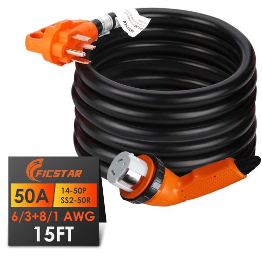 Cable de Extension para RV de 50 Amperios 15 ft, Cable de Alimentacion para RV 6/3+8/1 AWG SJTW con Mango de Agarre Twist Lock, NEMA 14-50P a SS2-50R con Lampara de Polaridad