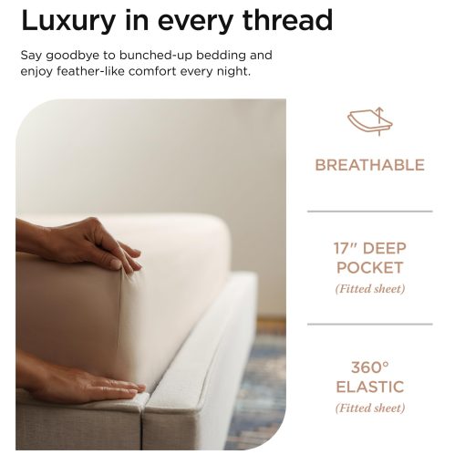 Juego de sabanas de lujo Threadmill de algodon Supima, sabanas de 1200 hilos de algodon 100% suaves para cama King, juego de sabanas King beige de 4 piezas, calidad de hotel de 5 estrellas con sabanas King de bolsillo profundo elasticizado - Imagen 5