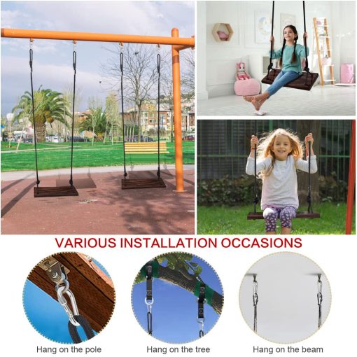 Columpio de Madera, Asiento de Columpio para arbol, PELLOR Asiento de Columpio Colgante Carbonizado para Adultos, Ninos y Ninas con Cuerda Ajustable mas Correas para arboles, 200kg de Carga para Interior, Exterior, Jardin - Imagen 3