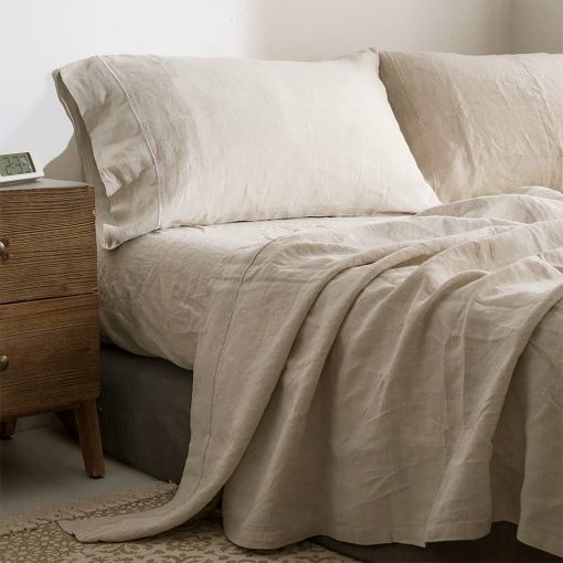 Juego de sabanas 100% lino Simple&Opulence con bordado lavado - 3 piezas (1 sabana plana y 1 sabana ajustable y 1 funda de almohada) Lino natural suave ropa de cama transpirable estilo de granja - Lino, Tamaño Individual
