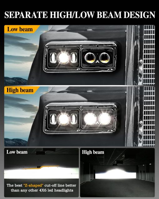 Faros LED COWONE DOT 60W 4x6 [Separacion cientifica de luces altas y bajas] Reemplazo para Kenworth T800 T600 Peterbilt 379 Freightliner O-ldsmobile Cutlass H4651 H4652 H4656 H4666 H6545 Negro - Imagen 2