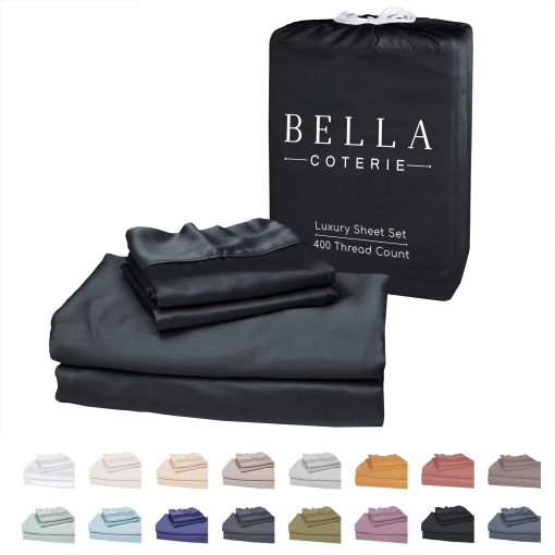 Juego de sabanas de lujo King Bella Coterie | Cultivado organicamente | Ultra suave | Refrigerante para personas que duermen calientes | Bolsillo profundo de 18" | Viscosa hecha de bambu [Negro]