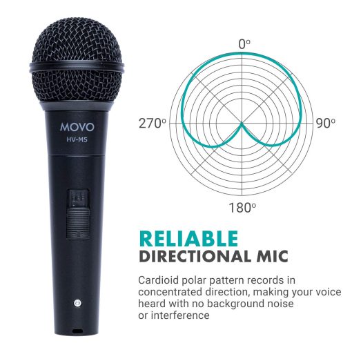 Microfono vocal dinamico Movo HV-M5 con montaje anti vibracion interno y parabrisas - Microfono dinamico compatible con XLR con adaptador de 6.35mm - Microfono profesional para cantar y grabar - Imagen 3