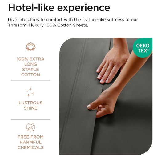 Juego de sabanas Threadmill Luxury de 800 hilos, tamano completo, 100% algodon - Sabana cama de saten gris oscuro, mejor que el algodon egipcio, juego de ropa de cama solida de 4 piezas, se ajusta a bolsillo profundo de 16" - Imagen 3