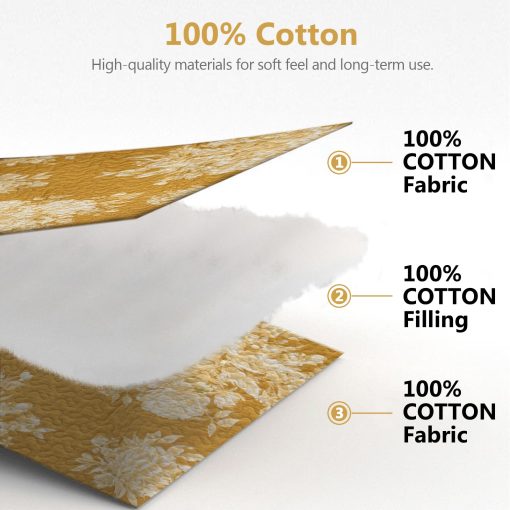 Colcha de Tamaño King 100% algodon DUOHONG, Amarillo Floral Juego de Cama King Colcha Ropa de Cama Ligera Edredon para Cama King, 3pcs, Amarillo Abeto - Imagen 5