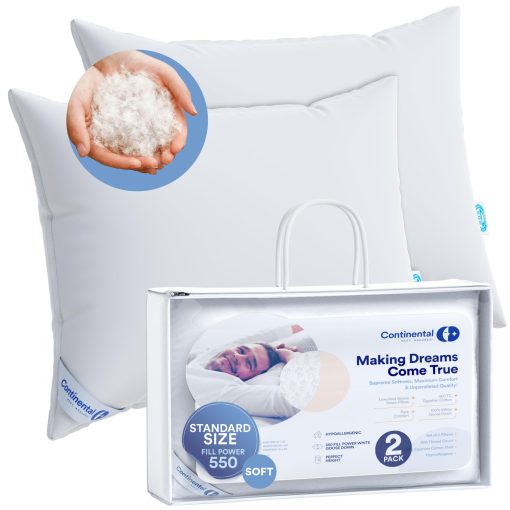 Almohada de cama de plumas de ganso Continental Bedding 550, tamano estandar (Paquete de 2), Blanco 2 unidades