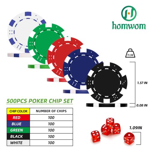 Homwom Juego de Fichas de Poker - 500PCS Fichas de Poker con Estuche de Aluminio, Fichas de 11.5 Gramos para Texas Holdem Blackjack (500pcs) - Imagen 3