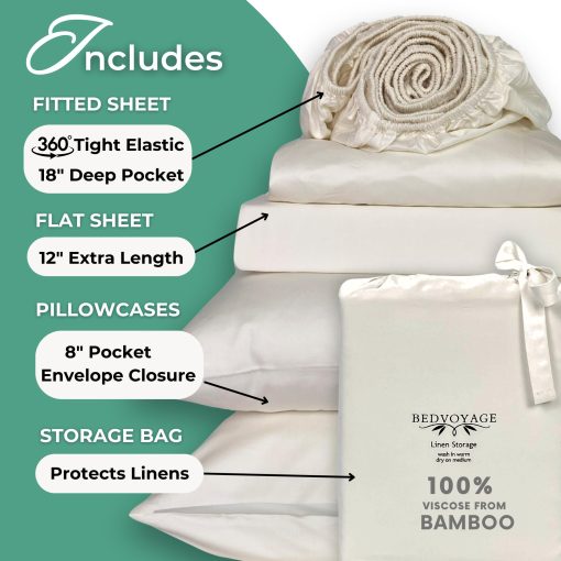 Juego de sabanas Queen BedVoyage 100% Viscosa derivada de bambu - Sabanas refrigerantes para la maxima comodidad, transpirables y suaves con bolsillos profundos - 18" (Marfil) - Imagen 4